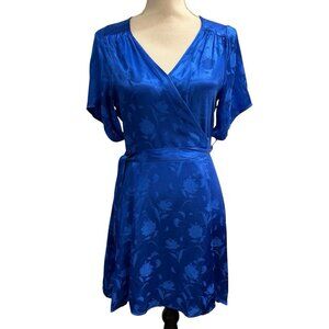 Shore Wrap Mini Dress Womens M Blue Satin Embossed Floral Y2K‎ Vacation Resort